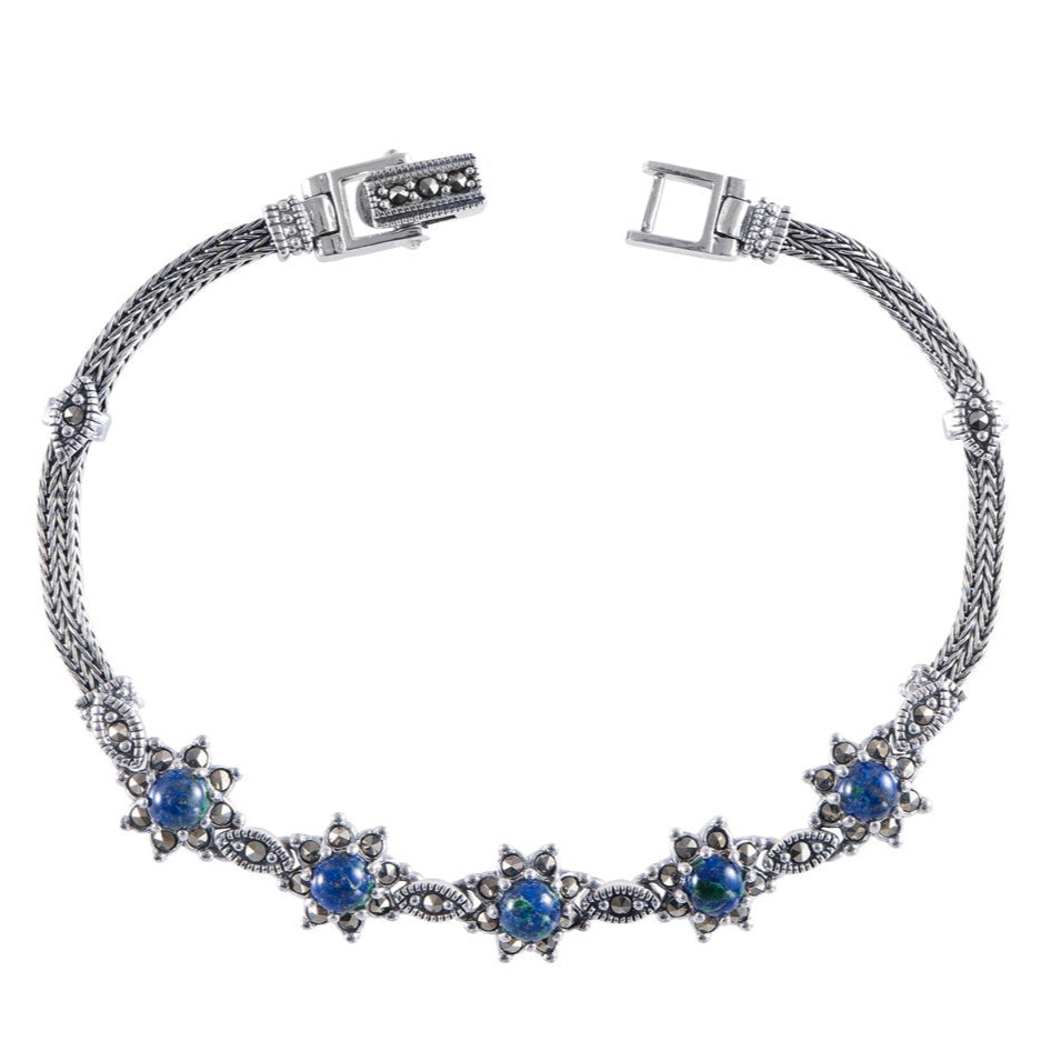 צמיד כסף ואבן אילת עם עיטור פרחים