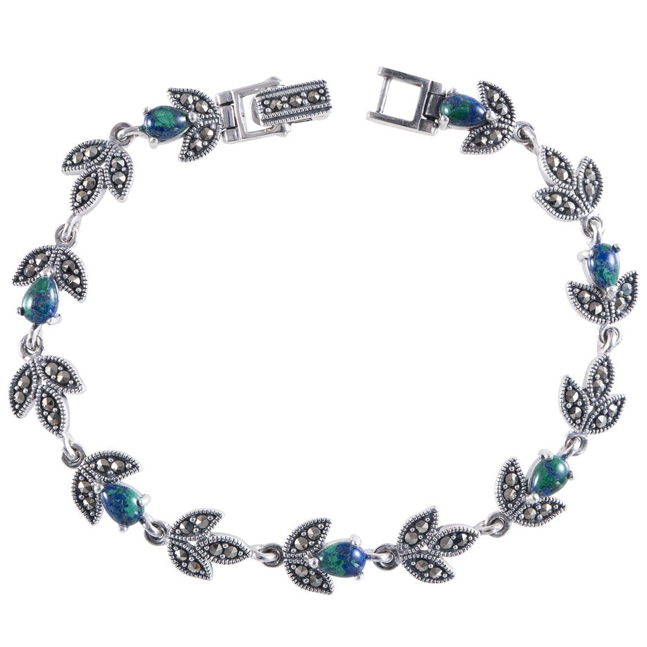 צמיד כסף משובץ אבן אילת בעיצוב עלים