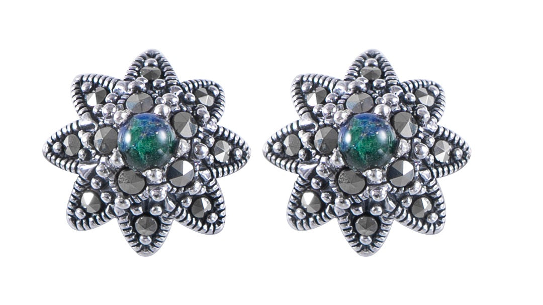 עגילי כסף ואבן אילת עם פרח משובץ