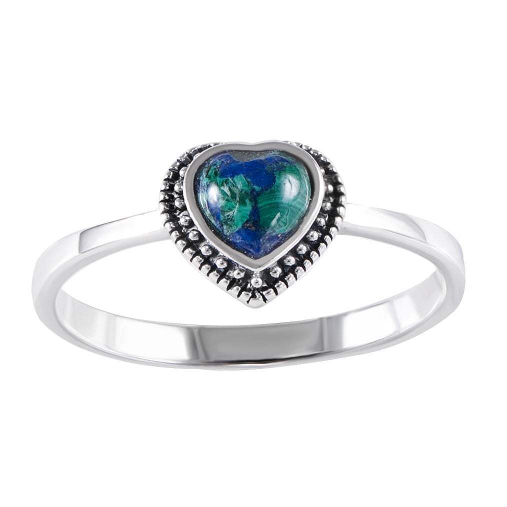טבעת כסף עם אבן אילת בשיבוץ לב