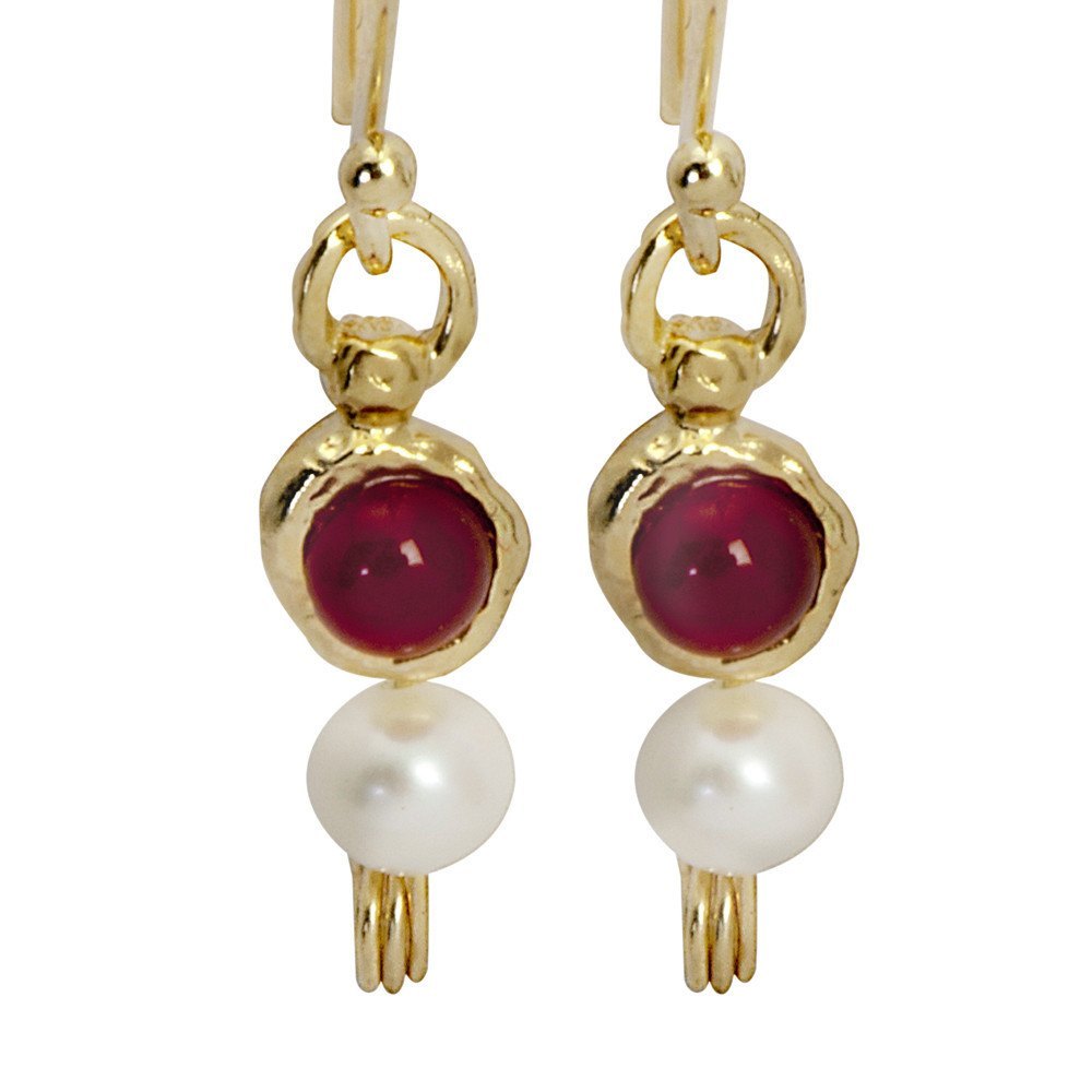 עגיל כסף הלני עם פנינה ואבן כתומה