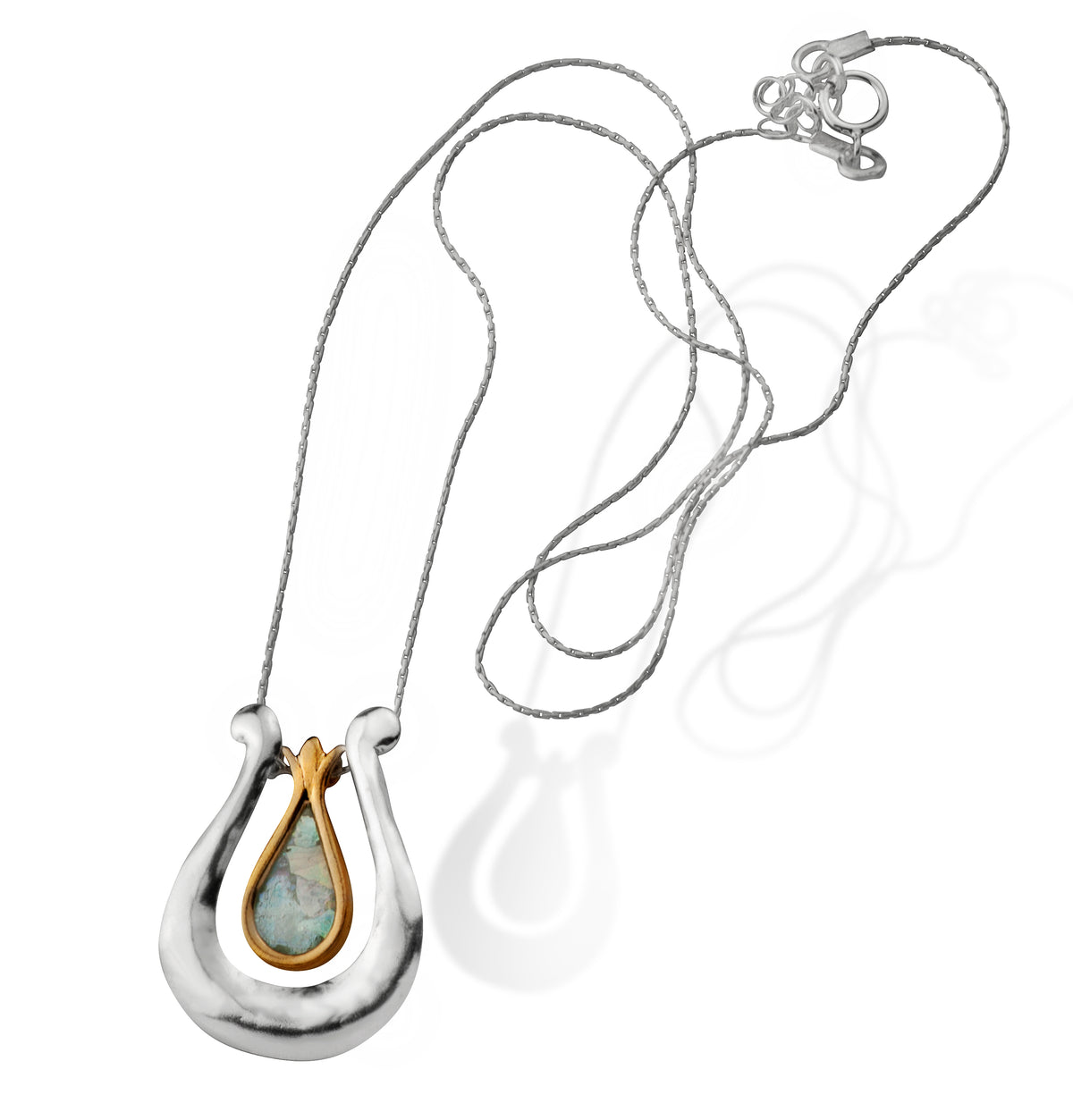 שרשרת כינור דוד מכסף ומצופה זהב בשילוב זכוכית רומית